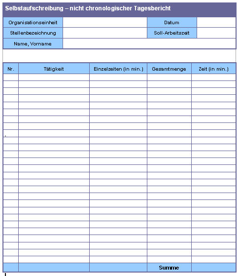 Vordruck-Abbildung: Selbstaufschreibung – nicht chronologischer Tagesbericht – Muster